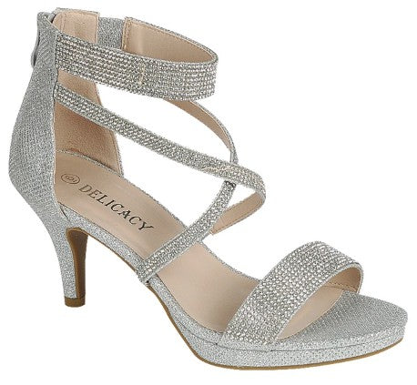 SARA SILVER ANKLE STRAP MID HEEL