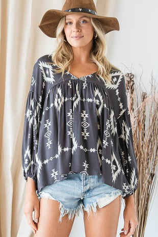 AZTEC PRINT PUFF SLEEVE BABY DOLL TOP