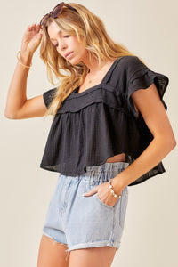 RUFFLE SLEEVE GAUZE BABYDOLL CROP TOP