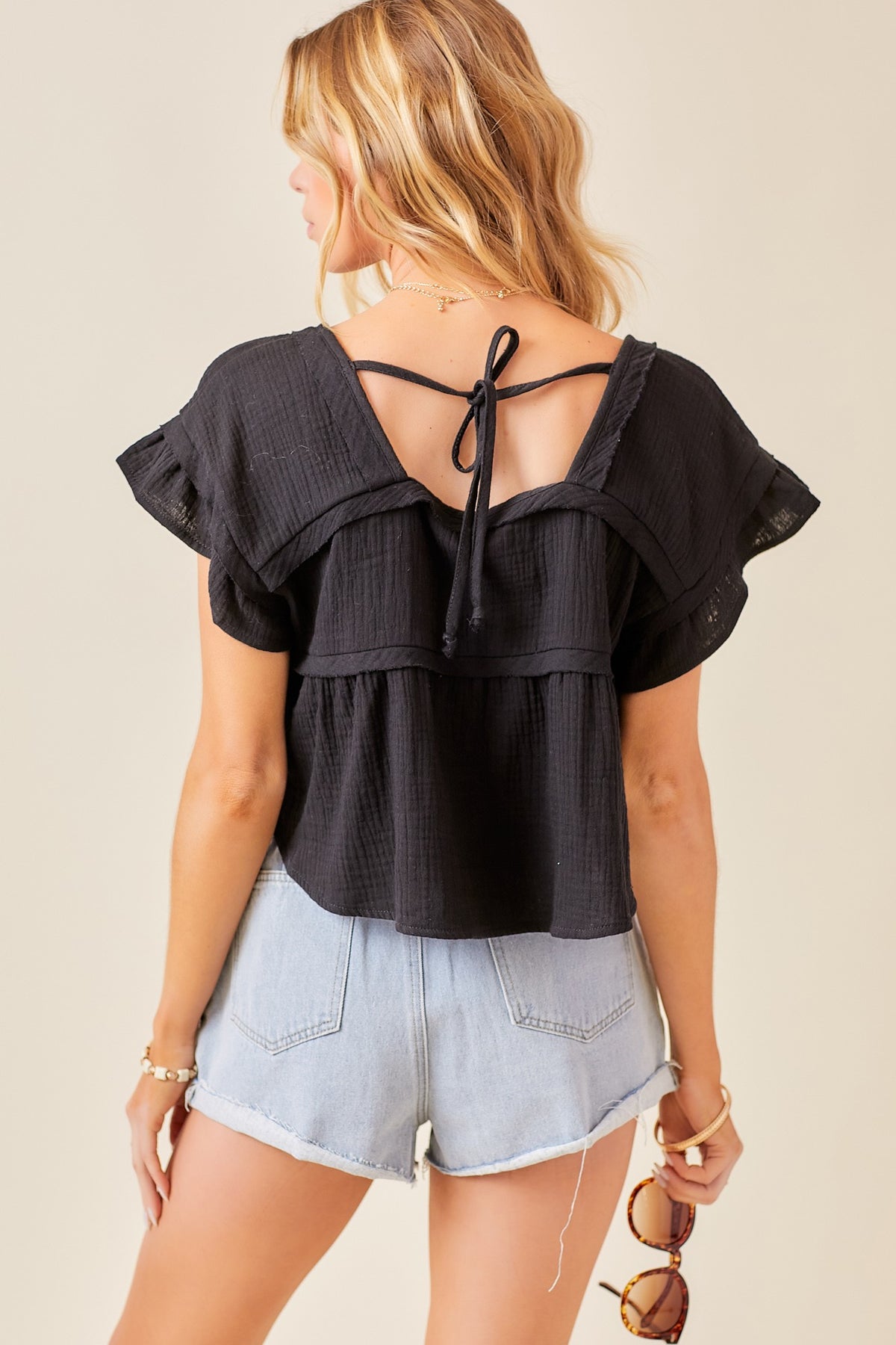 RUFFLE SLEEVE GAUZE BABYDOLL CROP TOP