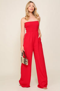 Smocked wide leg jumpsuits with pockets