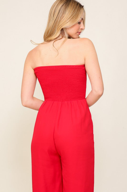 Smocked wide leg jumpsuits with pockets