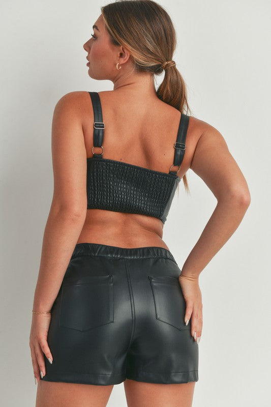 BLACK LEATHER LOOK CUT OUT SHORT TOP SET