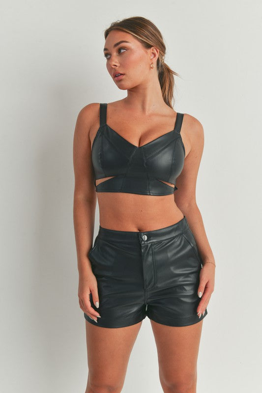 BLACK LEATHER LOOK CUT OUT SHORT TOP SET