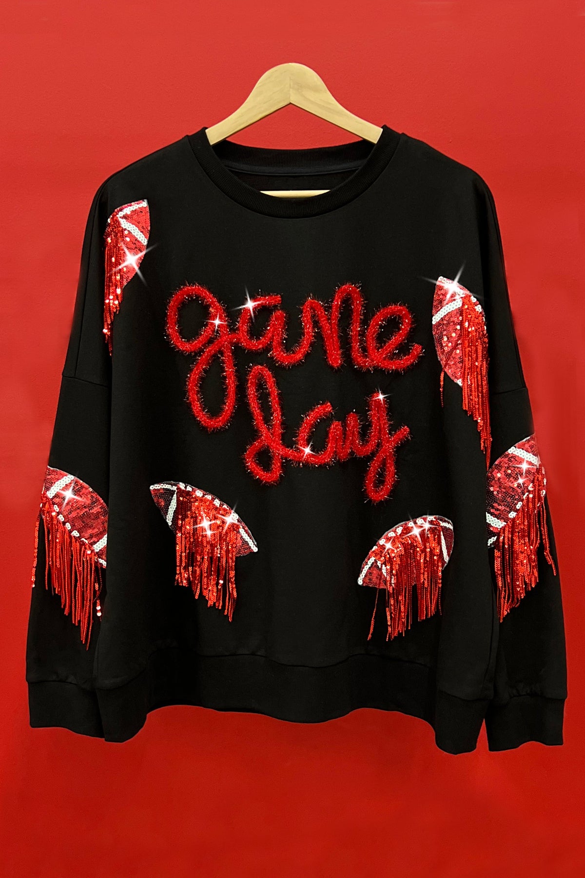 SEQUIN FOOTBALL PATCHES GAME DAY SWEATSHIRT