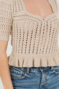 SHORT SLEEVE CROCHET TOP WITH RUFFLED BOTTOM