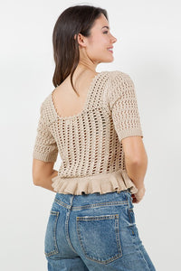 SHORT SLEEVE CROCHET TOP WITH RUFFLED BOTTOM