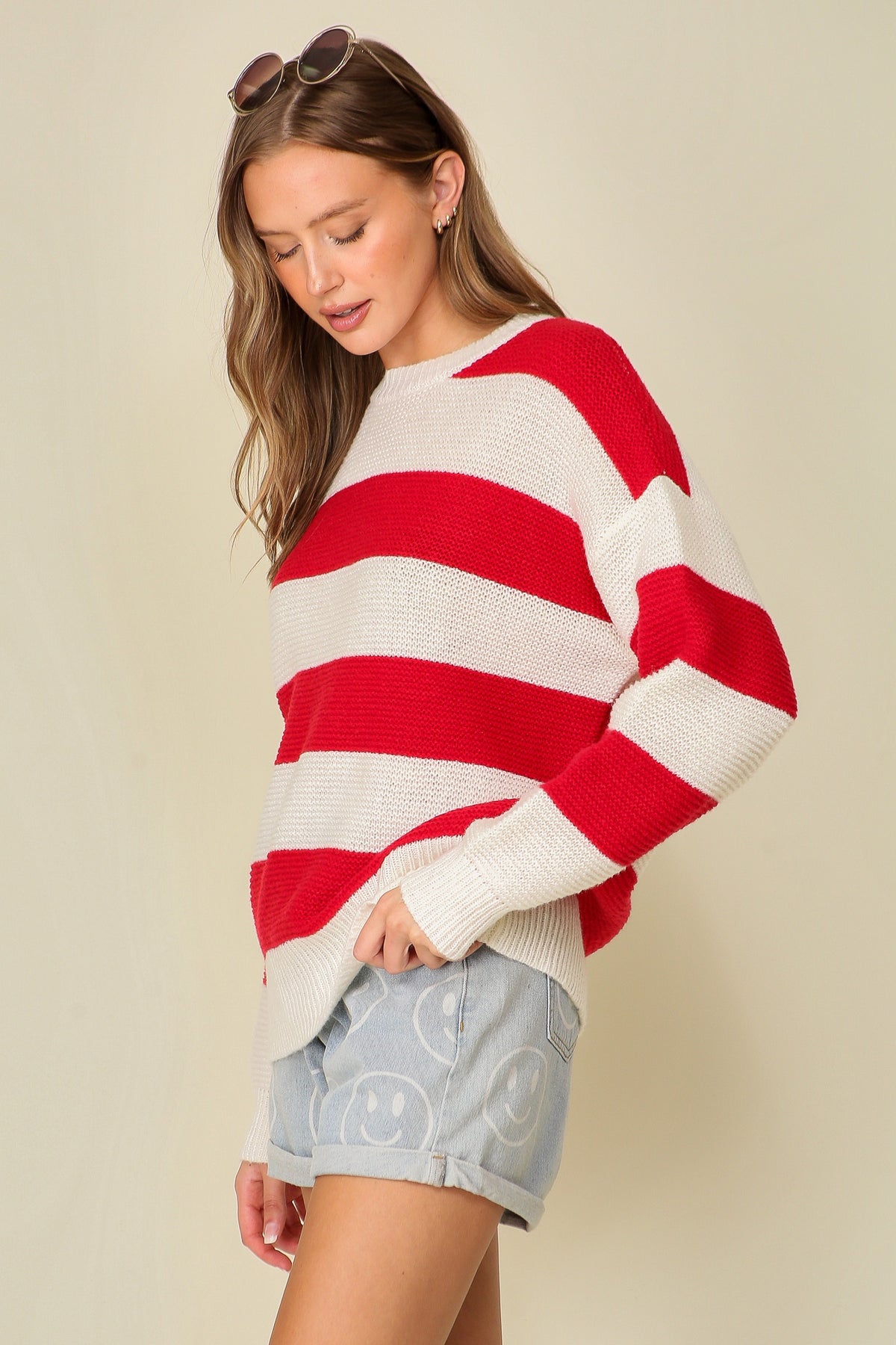 HUSKER RED WHITE STRIPE SWEATER