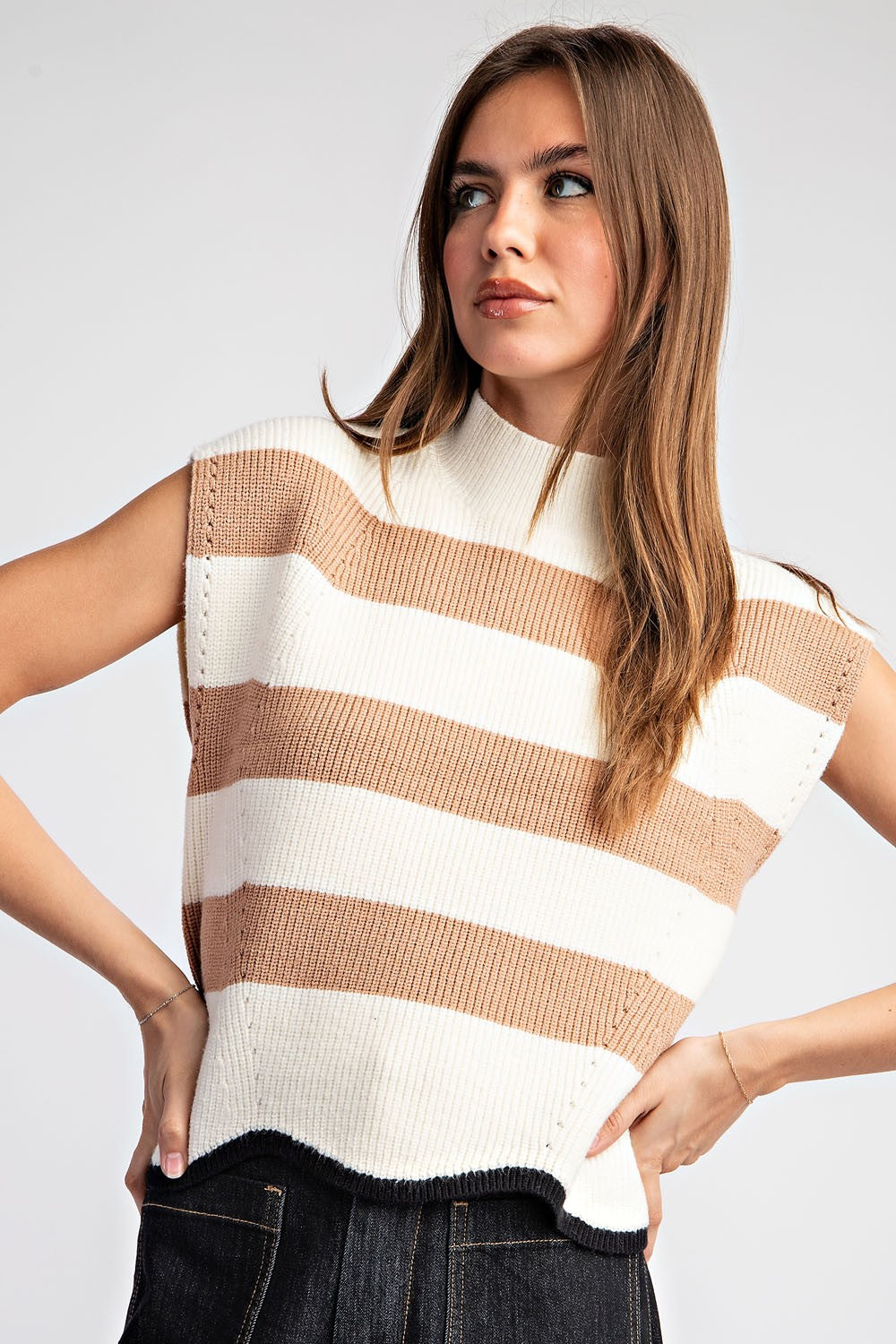 NATALIE STRIPPED MOCK NECK SWEATER