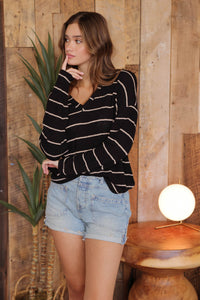 TERAN STRIPE V NECK DROP SHOULDER TOP