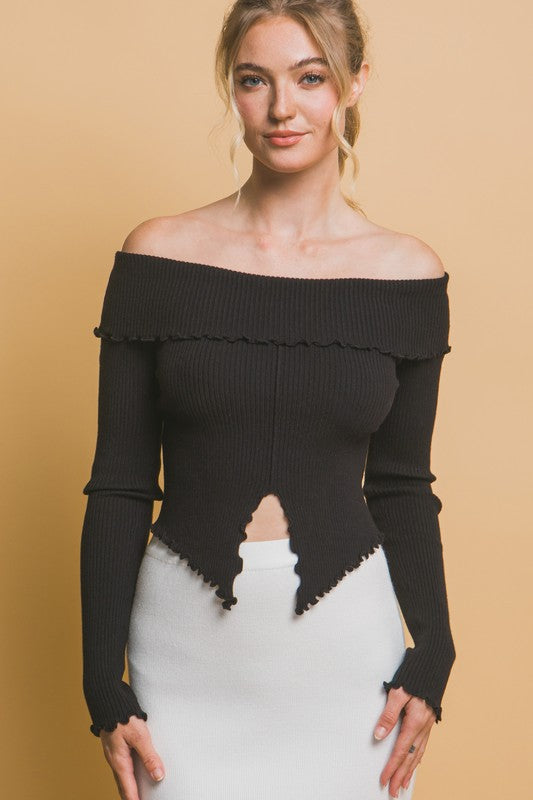 CARA OFF SHOULDER SLIT SWEATER