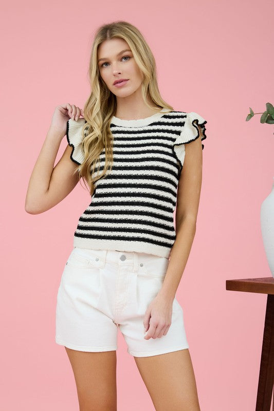 CAMBELL STRIPE SHORT RUFFLE SLEEVE KNIT