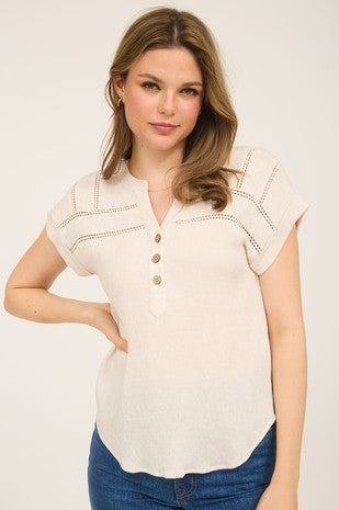 HENLEY LINEN TOP WITH CROCHET TRIM