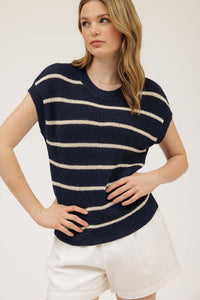 CAROLINE SHORT SLEEVE STRIPED SWEATER IN WHITE OR NAVY