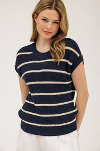 CAROLINE SHORT SLEEVE STRIPED SWEATER IN WHITE OR NAVY
