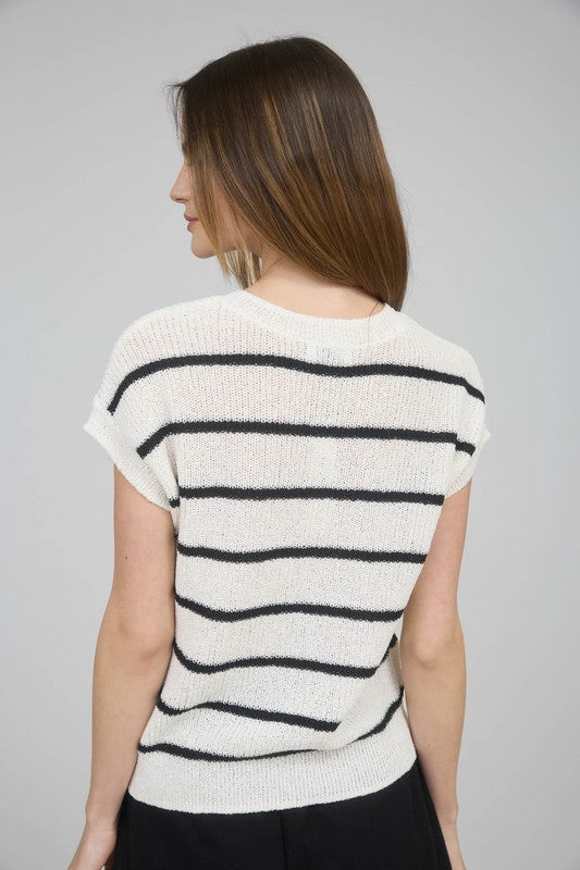 CAROLINE SHORT SLEEVE STRIPED SWEATER IN WHITE OR NAVY