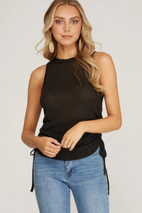 SLEEVLESS DRAWSTRING SIDE LOW GAGE KNIT TOP