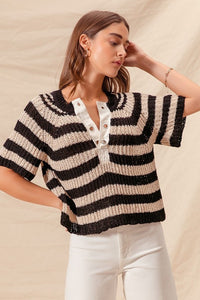 LUCY EYELET PLACKET STRIPE SWEATER