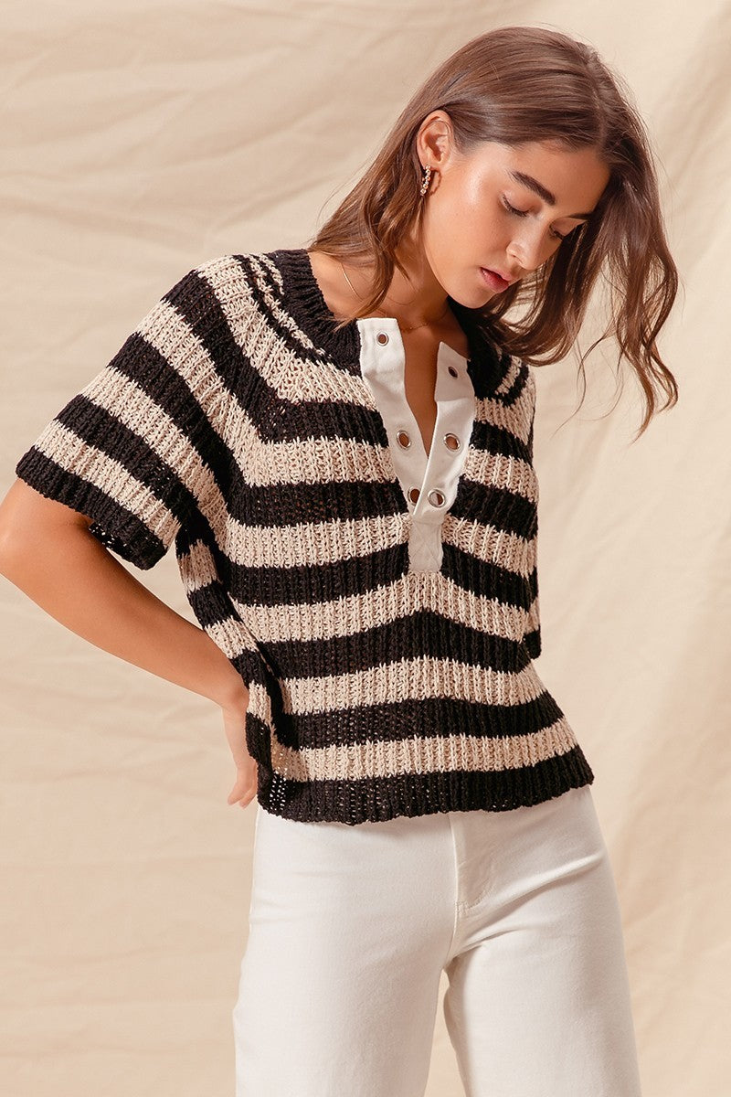 LUCY EYELET PLACKET STRIPE SWEATER