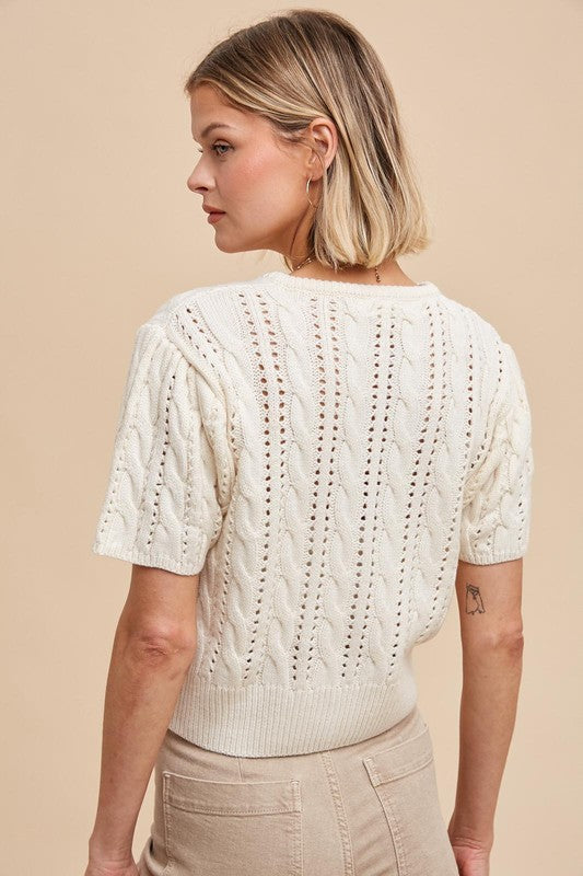 MAISY CABLE KNIT PUFF SHORT SLEEVE SWEATER